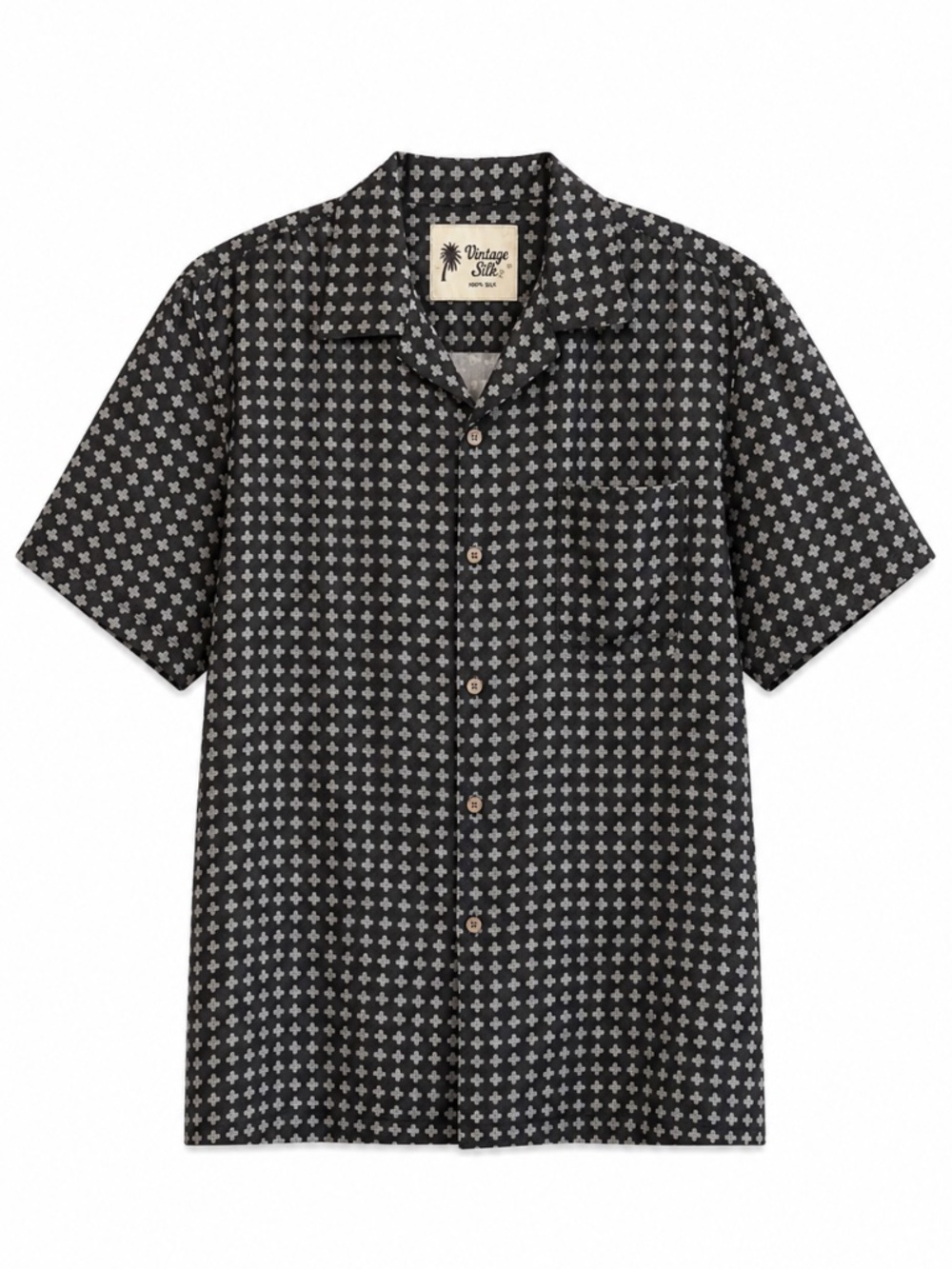 'VINTAGE SILK' Black Grey Pattern 100% Silk Button Down Shirt – Size Medium EUC